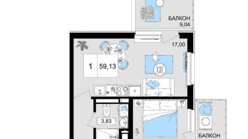 Продажа 1-комнатных апартаментов от застройщика, 57.66 м², Анапа, шоссе Симферопольское, Корпус                                                     2