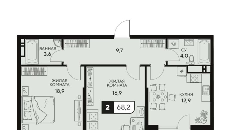 Продается 2-комнатная квартира от застройщика, 68.2 м², Анапа, Анапское шоссе,                                                     18к3