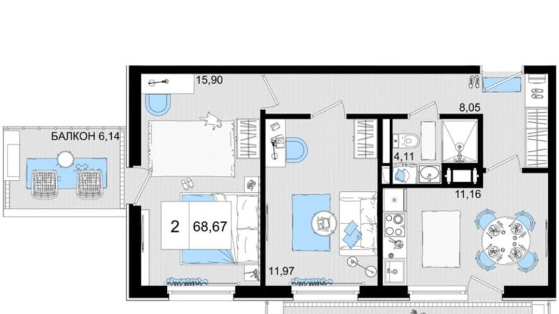 Продаем 2-комнатные апартаменты от застройщика, 66.9 м², Анапа, шоссе Симферопольское, Корпус                                                     2