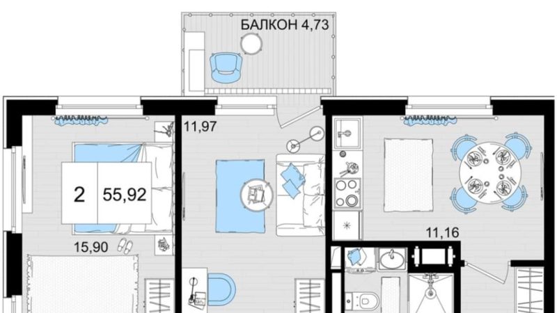 Продаются 2-комнатные апартаменты от застройщика, 54.28 м², Анапа, шоссе Симферопольское, Корпус                                                     2