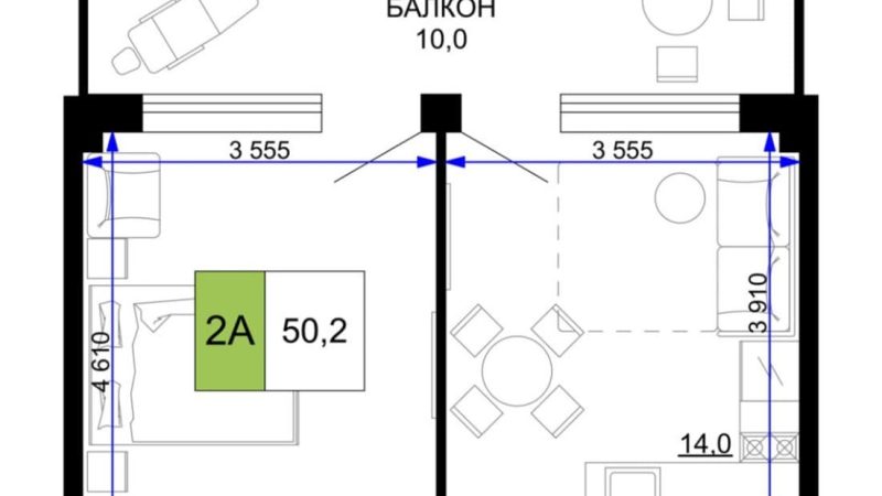 Продажа 2-комнатных апартаментов от застройщика, 50.2 м², Анапа, проезд Сосновый, Литер                                                     1