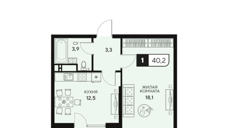 Продаем 1-комнатную квартиру от застройщика, 40.2 м², Анапа, Анапское шоссе,                                                     18к2