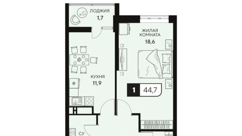 Продается 1-комнатная квартира от застройщика, 44.7 м², Анапа, Анапское шоссе,                                                     18к2