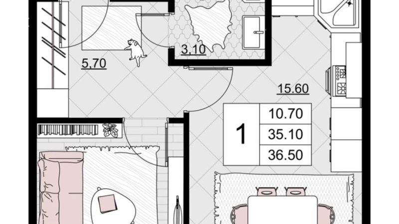 Продаем 1-комнатную квартиру от застройщика, 36.5 м², Анапа, Литер                                                     6