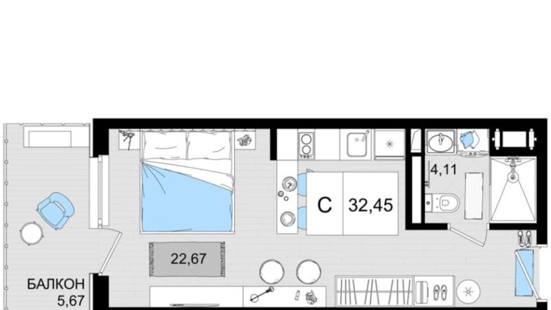 Продаются 1-комнатные апартаменты от застройщика, 31.4 м², Анапа, шоссе Симферопольское, Корпус                                                     1