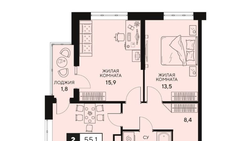 Продаем 2-комнатную квартиру от застройщика, 55.1 м², Анапа, Анапское шоссе,                                                     18к2