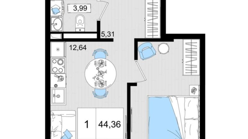 Продажа 1-комнатных апартаментов от застройщика, 43.09 м², Анапа, шоссе Симферопольское, Корпус                                                     2