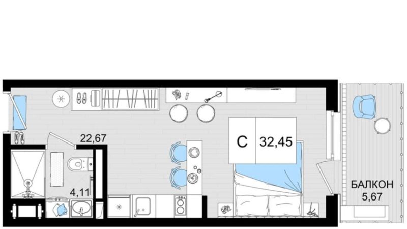 Продажа 1-комнатных апартаментов от застройщика, 31.41 м², Анапа, шоссе Симферопольское, Корпус                                                     2