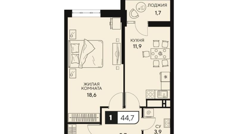 Продаем 1-комнатную квартиру от застройщика, 44.7 м², Анапа, Анапское шоссе,                                                     18к2