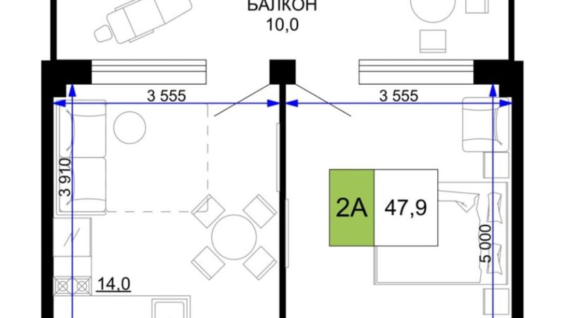 Продажа 2-комнатных апартаментов от застройщика, 47.9 м², Анапа, проезд Сосновый, Литер                                                     1