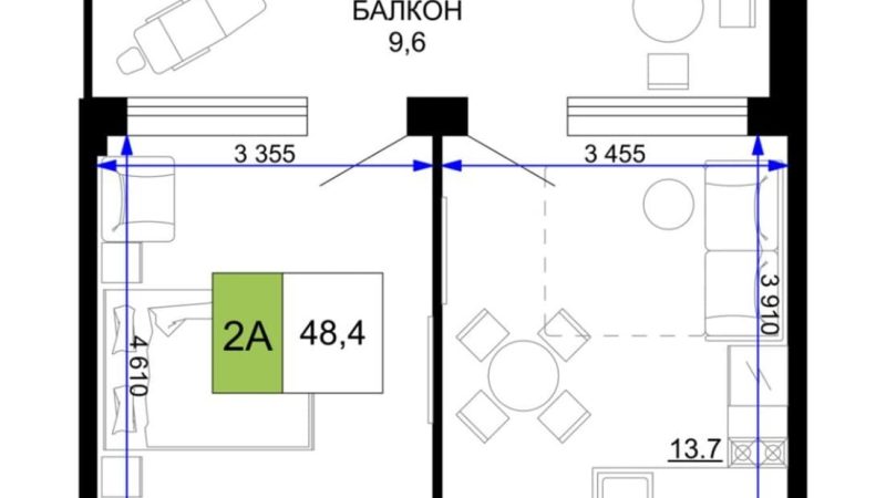 Продажа 2-комнатных апартаментов от застройщика, 48.4 м², Анапа, проезд Сосновый, Литер                                                     1