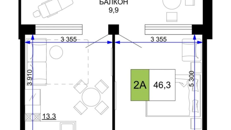 Продажа 2-комнатных апартаментов от застройщика, 46.3 м², Анапа, проезд Сосновый, Литер                                                     1