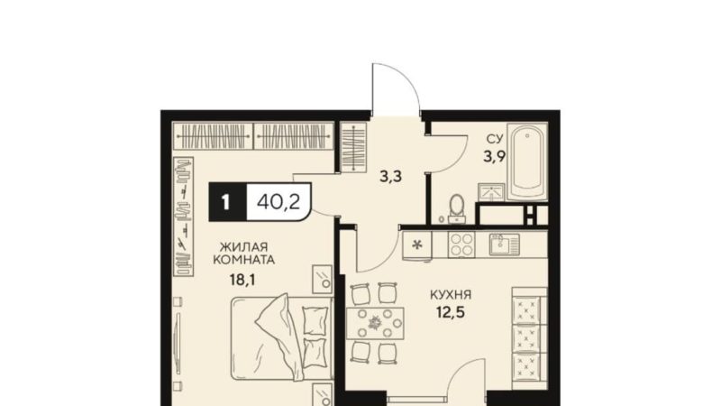 Продаем 1-комнатную квартиру от застройщика, 40.2 м², Анапа, Анапское шоссе,                                                     18к3