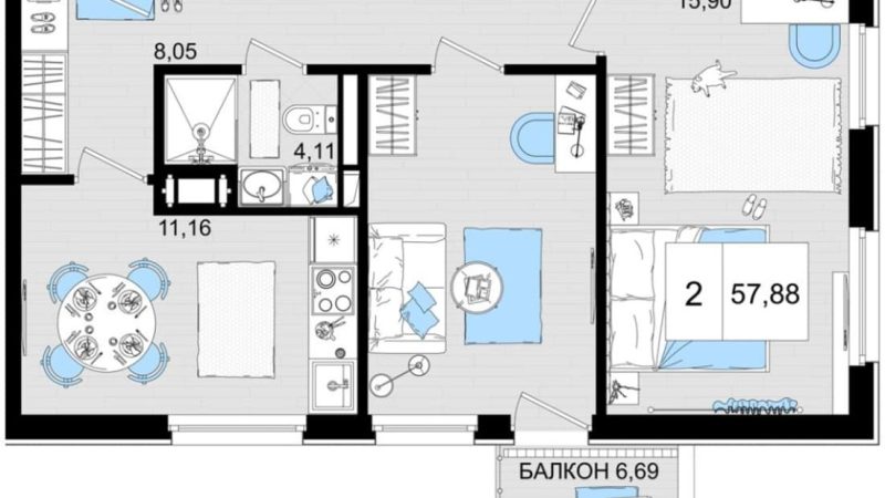 Продаем 2-комнатные апартаменты от застройщика, 56.38 м², Анапа, шоссе Симферопольское, Корпус                                                     2