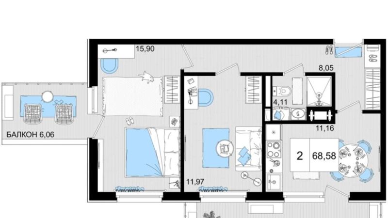 Продаю 2-комнатные апартаменты от застройщика, 66.81 м², Анапа, шоссе Симферопольское, Корпус                                                     1